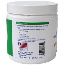 Back of Healers white jar showing product facts label. Lists ingredients, nutritional information, and HealersPetCare.com. US flag graphic on label. Barcode and Healers contact info visible.