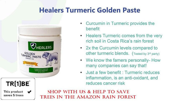 Healers Turmeric Golden Paste jar, bulldog on label. Lists benefits like high Curcumin, Costa Rica source, anti-inflammatory. 'This product saves 5 trees' logo, and shop message.