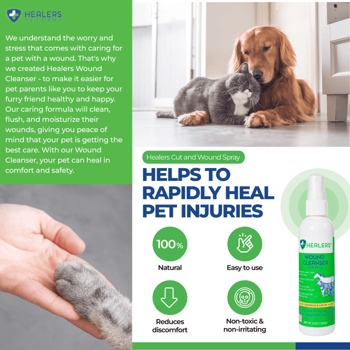 Golden retriever and gray cat cuddling on floor, hand holding a dog paw, and Healers Wound Cleanser spray for pets shown with benefits of natural, easy-to-use, pain-reducing, non-toxic formula that rapidly heals pet injuries.
