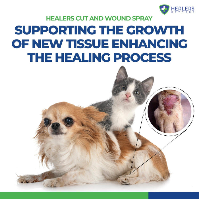Healers Cut and Wound Spray promotes growth of new tissue and enhances healing process in pets, shown with a small dog and a kitten beside a close-up of a healing wound on a pet's paw.