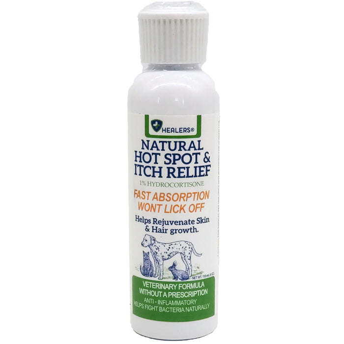 White bottle of Healers Natural Hot Spot & Itch Relief. Green label with text: fast absorption, no lick off, skin & hair growth. Veterinary formula. Dalmatian dog image on label. Plain white background.