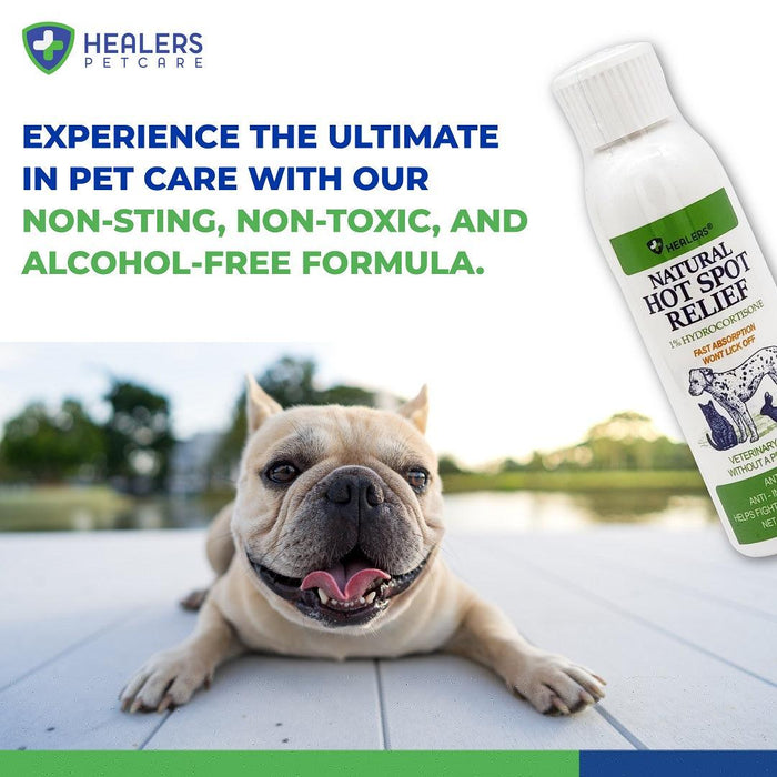 Healers PetCare Natural Hot Spot Relief bottle with 1% hydrocortisone and a happy French Bulldog lying on a wooden deck, promoting a non-sting, non-toxic, and alcohol-free pet care formula.