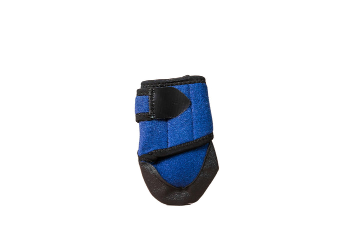 Blue and black protective dog boot with adjustable strap, designed for paw protection and outdoor use.