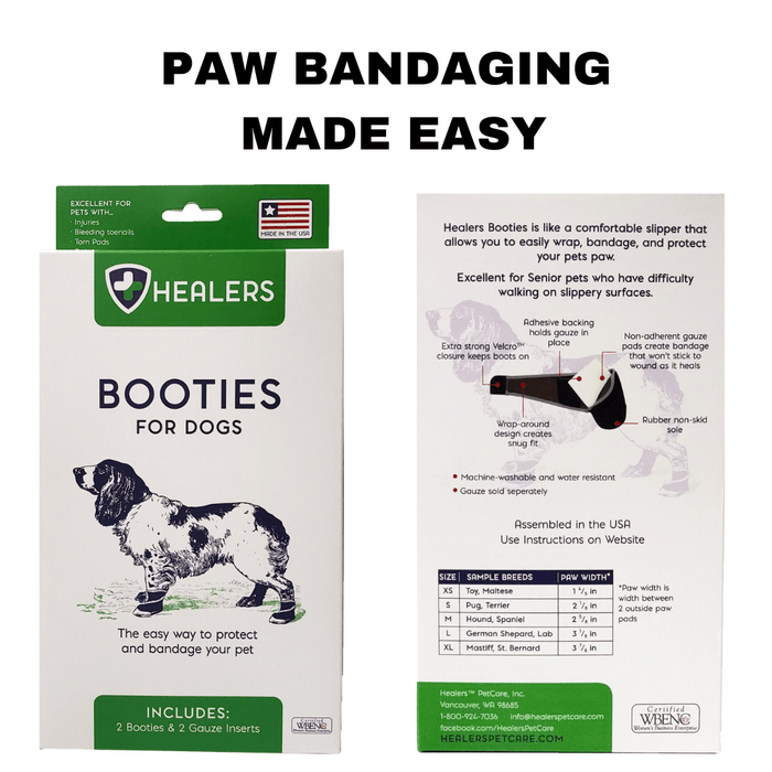 Healers Booties for Dogs packaging showing front and back, highlighting easy paw bandaging, Velcro closure, non-adherent gauze pads, and sizing guide for different dog breeds