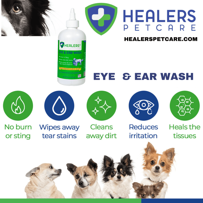 Healers PetCare Eye and Ear Wash for dogs, promotes tear stain removal, dirt cleansing, irritation relief, and tissue healing with no burn or sting.