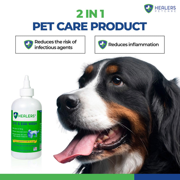 Healers Eye and Ear Wash 2-in-1 pet care product with large dog, promotes pet health by reducing infection risks and inflammation.