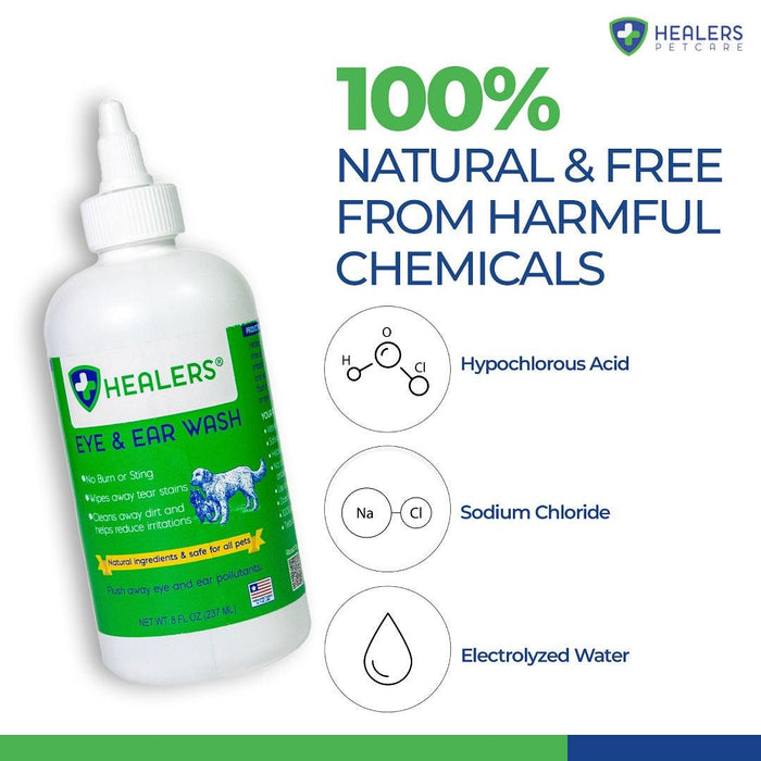 Healers Eye and Ear Wash for pets, made with hypochlorous acid, sodium chloride, and electrolyzed water; 100% natural and chemical-free formula.