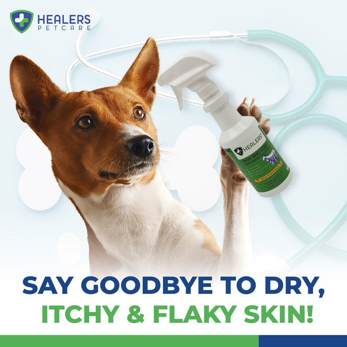 Dog holding Healers Skin and Coat Grooming Solution spray with text saying ‘Say goodbye to dry, itchy & flaky skin!’ and Healers PetCare logo.