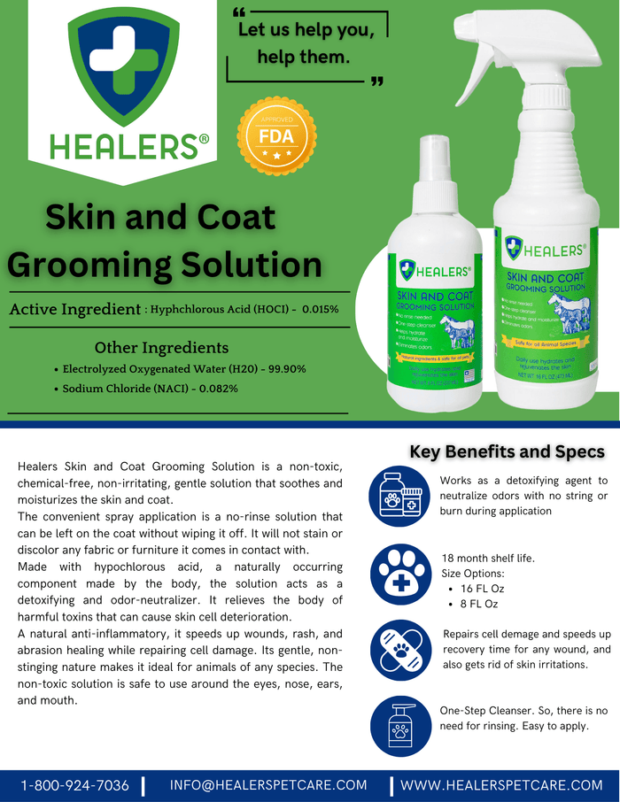 Healers Skin and Coat Grooming Solution bottles with green labels, FDA approved, non-toxic, gentle spray for moisturizing and soothing pet skin and coat, detoxifies odors, speeds up healing.