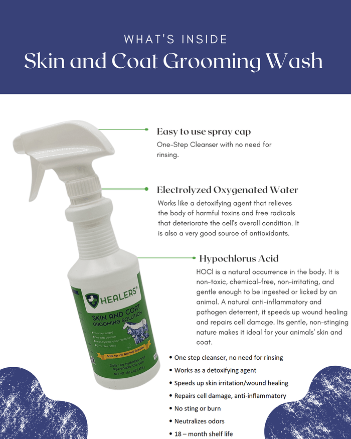 Healers Skin and Coat Grooming Wash product with easy-to-use spray cap, containing electrolyzed oxygenated water and hypochlorous acid; natural, non-toxic, and anti-inflammatory formula that detoxifies, speeds wound healing, repairs cell damage, neutralizes odors, with 18-month shelf life.