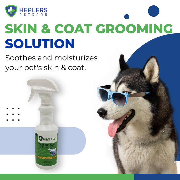 Healers Skin and Coat Grooming Solution bottle with a Siberian Husky dog wearing blue sunglasses, highlighting soothing and moisturizing benefits for pet skin and coat.