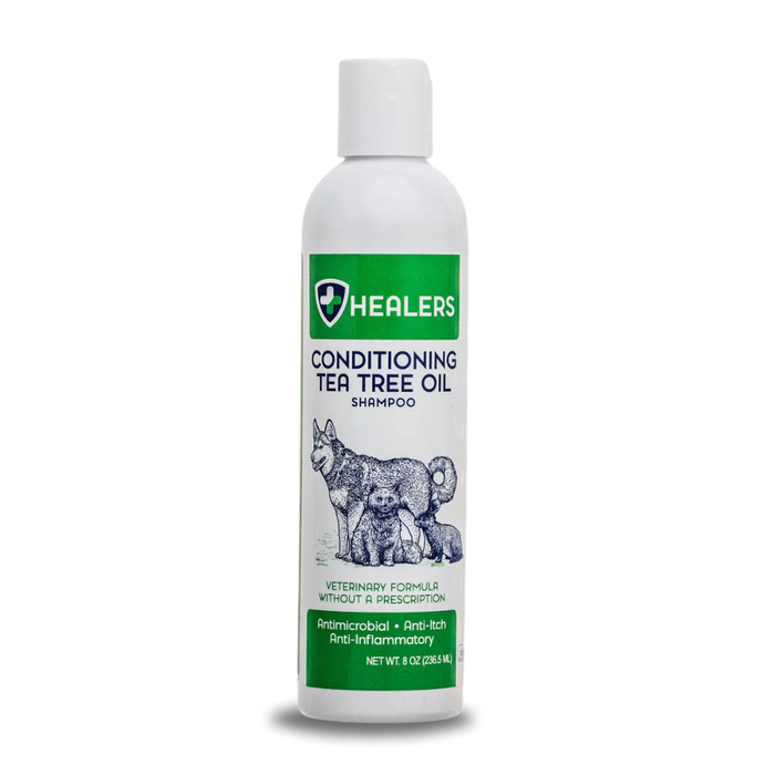 White bottle of Healers Conditioning Tea Tree Oil Shampoo for pets, highlighting its veterinary formula and benefits such as antimicrobial, anti-itch, and anti-inflammatory properties.