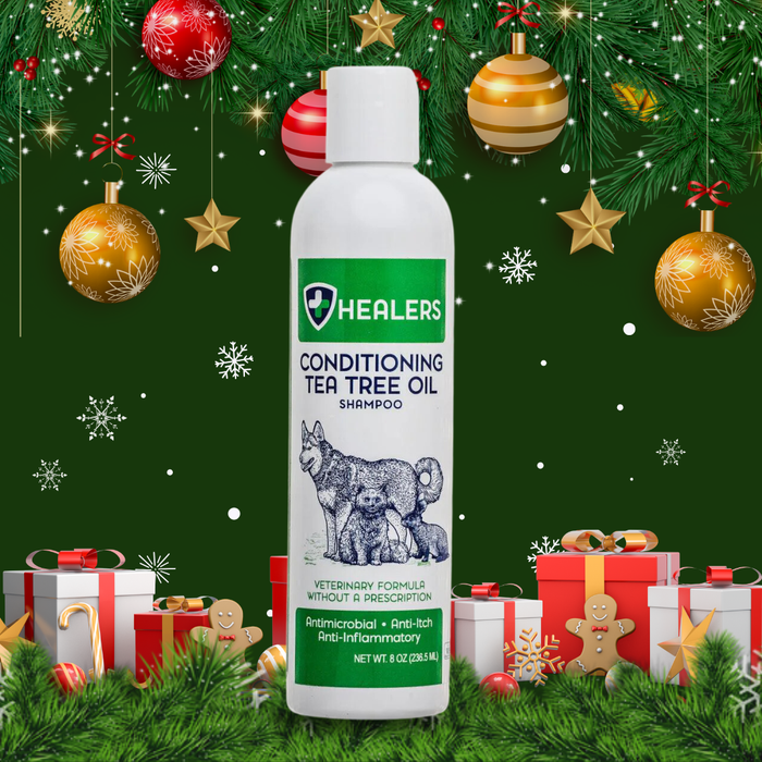 Healers Petcare Conditioning Tea Tree Oil Shampoo for pets, antimicrobial, anti-itch, anti-inflammatory veterinary formula without prescription, holiday gift background.