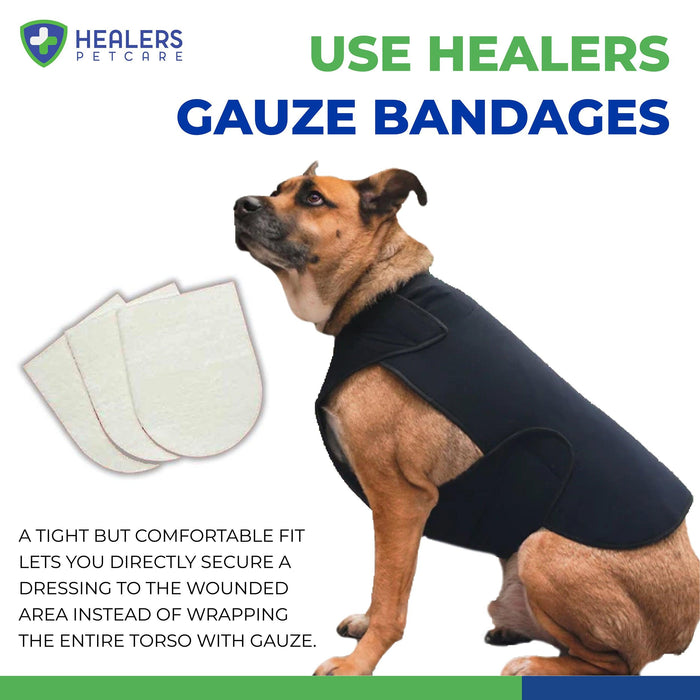 Dog wearing a black secure wrap vest sitting next to Healers Gauze Bandages with three white bandages shown, promoting easy and comfortable wound dressing.