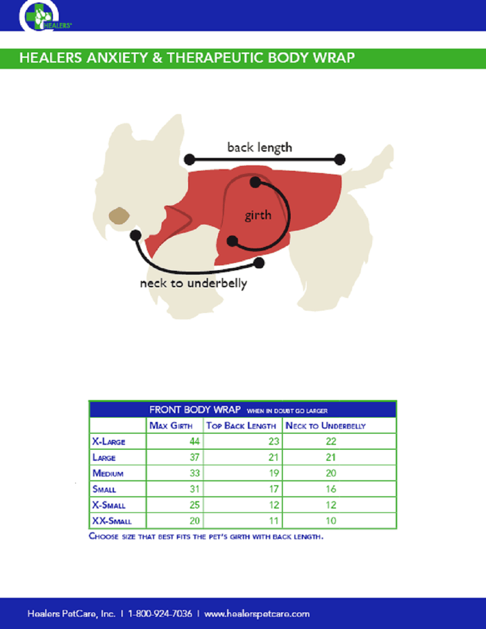 Measure your pet's girth, back length, and neck to underbelly. Choose the body wrap size based on girth first, then confirm fit with back length. When in doubt, size up for comfort and support.