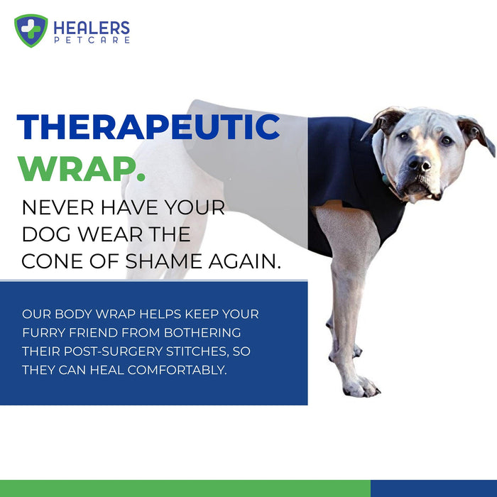 Dog wearing Healers therapeutic body wrap to prevent licking post-surgery stitches, offering comfort and avoiding the cone of shame. Text promotes wrap benefits for healing.