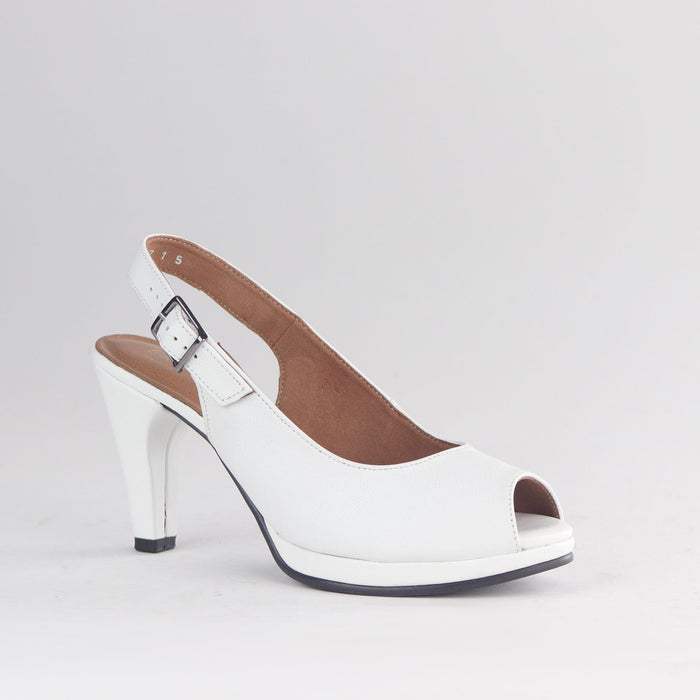 Froggie Women's High Heel Peep Toe Slingback White Leather - 13093 - side angle.