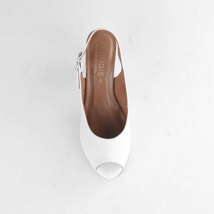 Froggie Women's High Heel Peep Toe Slingback White Leather - 13093 - top angle.