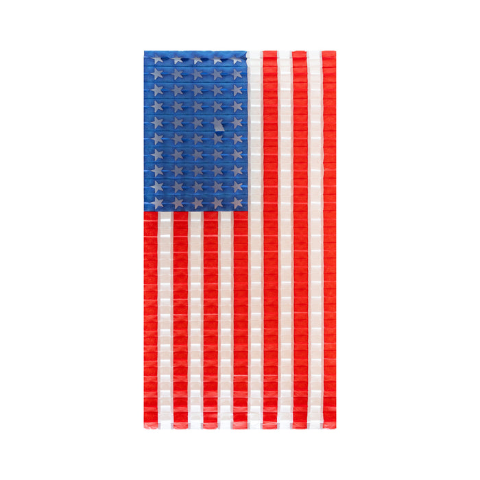 A small decorative honeycomb paper flag with red and blue stripes and white stars, resembling the American flag.