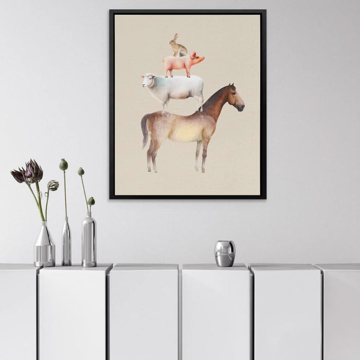 Horse Sheep Pig and Hare - Modern Beige Canvas Wall Art