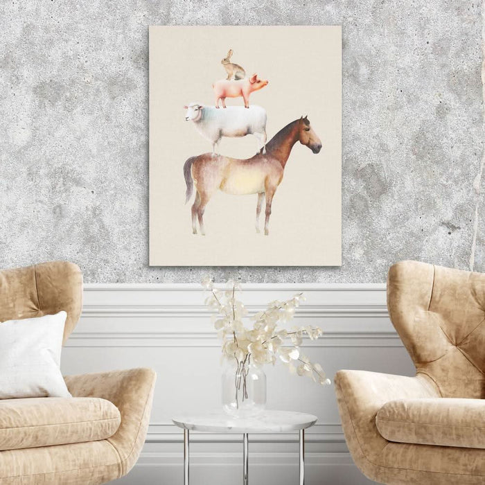 Horse Sheep Pig and Hare - Beige Wall Art for Nursery