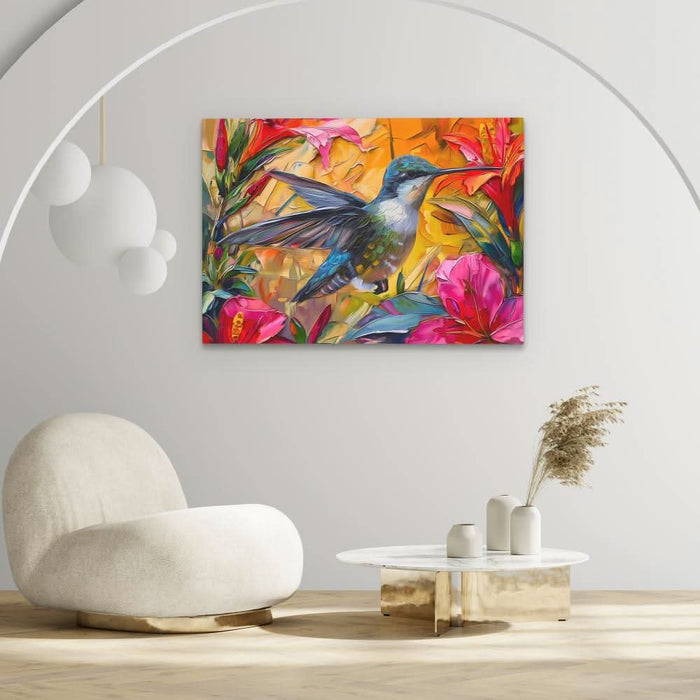 Hummingbird Feeding - Colorful Canvas Wall Art