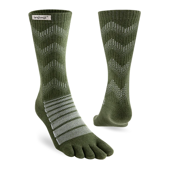 Injinji Toe Socks - Outdoor Midweight Wool - olive crew pair