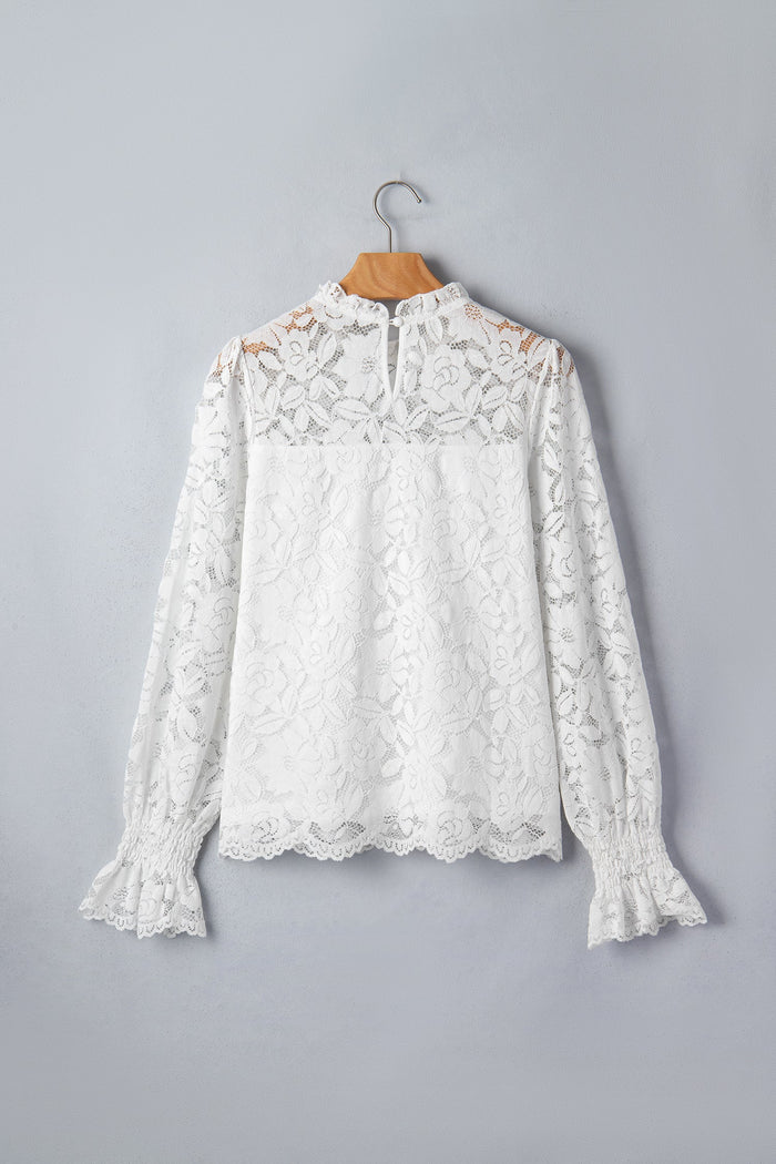 Lace Ruffle Round Neck Flounce Sleeve Blouse