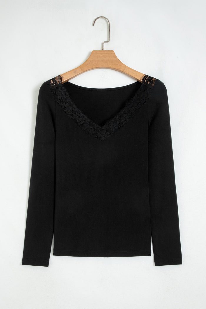 Lace Trim V-Neck Long Sleeve Top