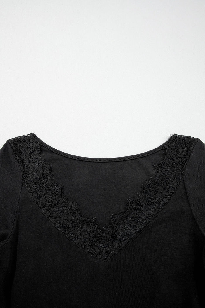 Lace Trim V-Neck Long Sleeve Top