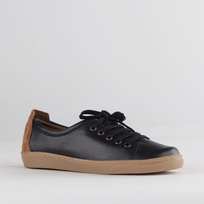 Factory Shop Shoes Froggie Women's Lace-up Sneaker-Black Leather - 12854 - side angle.