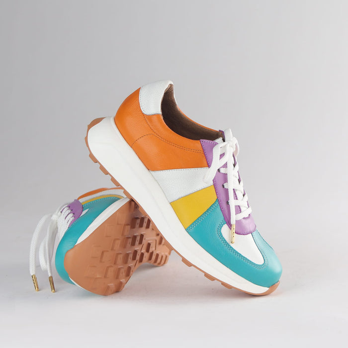 Froggie 12688 women’s leather lace-up sneaker with vibrant colour panels, comfortable fit, and durable everyday wear sole.