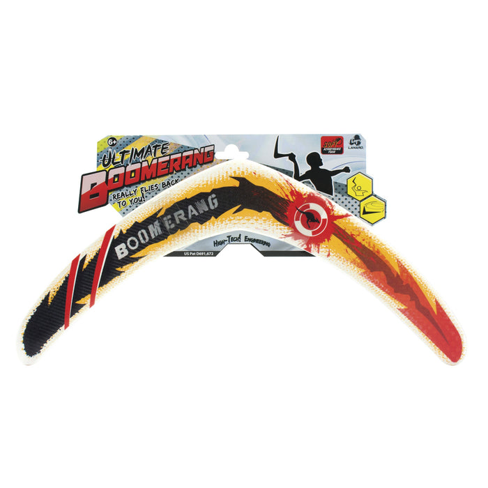 The Lanard Ultimate Boomerang by Lanard is a colorful outdoor boomerang featuring red, yellow, black, and white patterns. It really flies back and is recommended for ages 6 and up. Packaged as "Ultimate Boomerang.