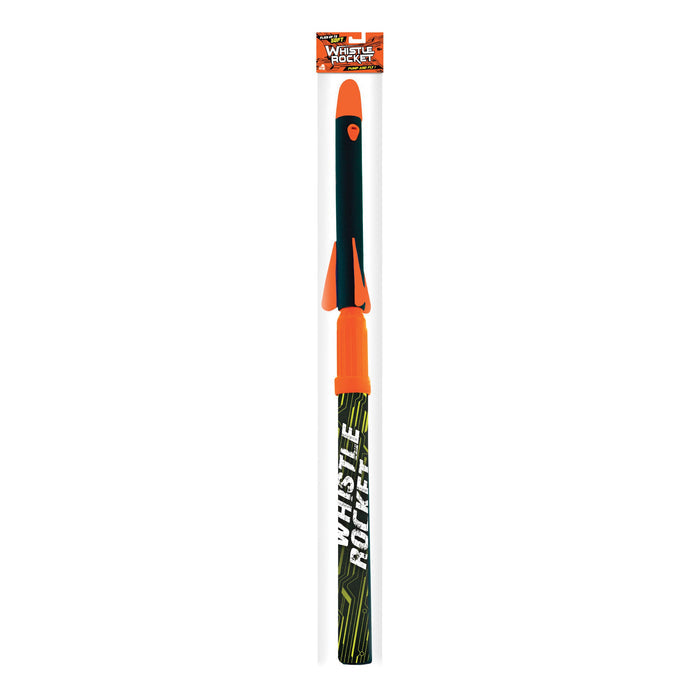 The Lanard Whistle Rocket by Lanard is a long black and orange finned rocket toy, packaged upright in a clear plastic tube with a colorful label—ideal for outdoor launch fun.