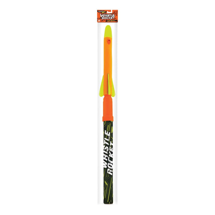 The Lanard Whistle Rocket by Lanard is a long, colorful orange and yellow pump rocket toy with fins, shown in its packaging featuring bold white text on a black background near the bottom.