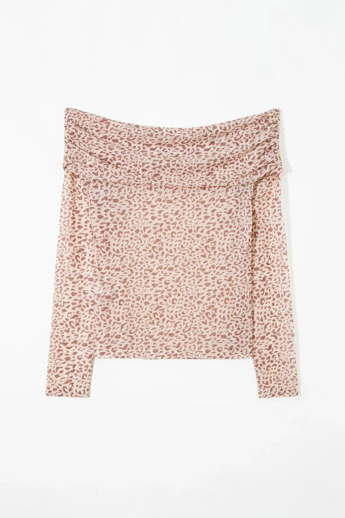 Leopard Mesh Off-Shoulder Long Sleeve Top