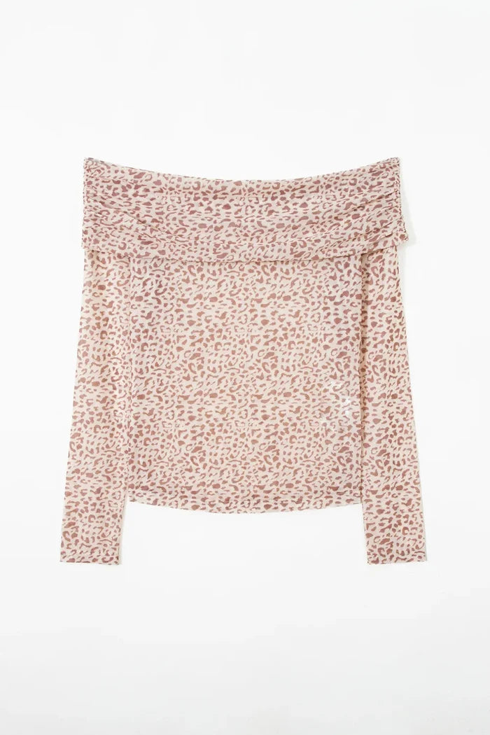 Leopard Mesh Off-Shoulder Long Sleeve Top