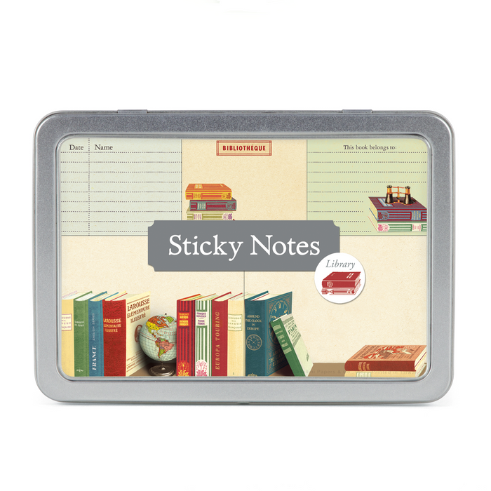 A digital illustration of an array of colorful books and a globe with "Library Books Sticky Notes" written across in a library-themed setting by Cavallini Papers & Co.