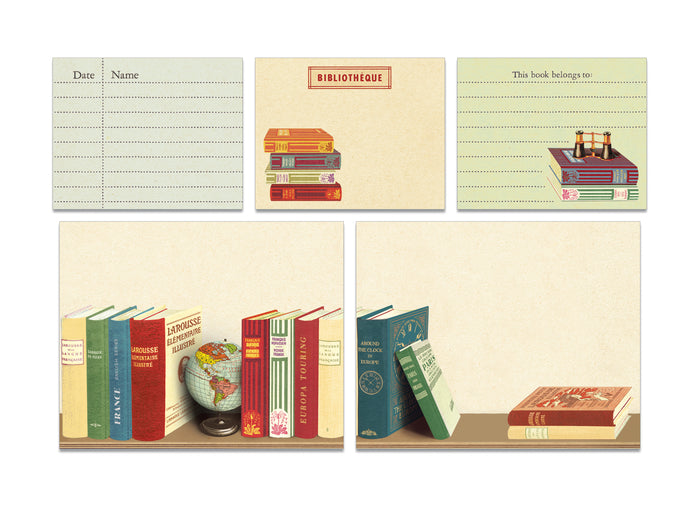 A digital illustration of an array of colorful books and a globe with "Library Books Sticky Notes" written across in a library-themed setting by Cavallini Papers & Co.