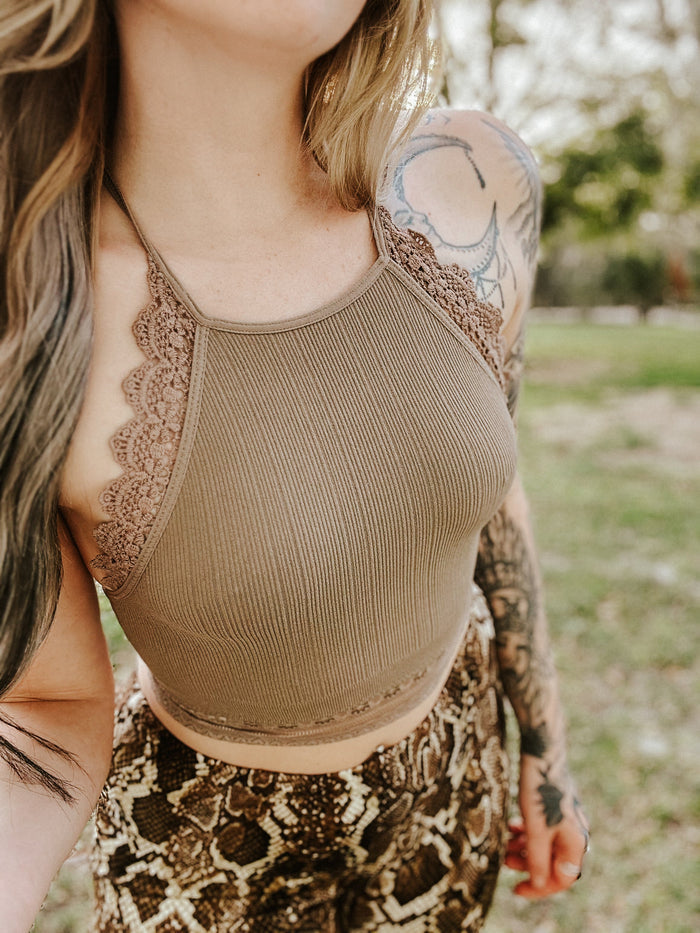 Light Of The Moon Crochet Trim Bralette - Mocha