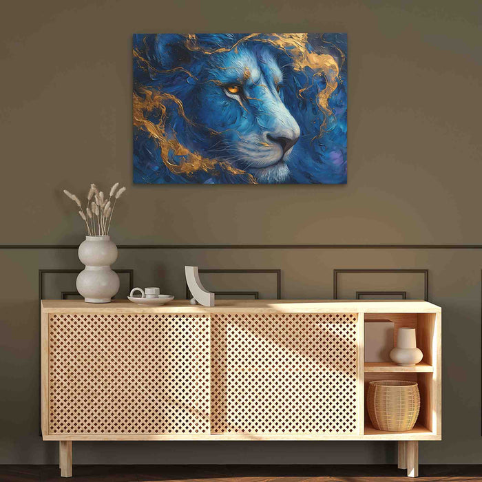 Lion's Peaceful Reign - Blue Wall Art for Dining Room