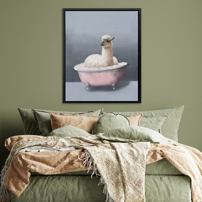Llama In The Bath - Pink Gray Canvas Print