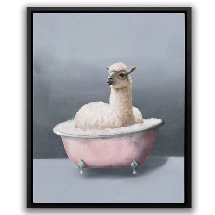 Llama In The Bath - Gray Wall Art in Black Frame