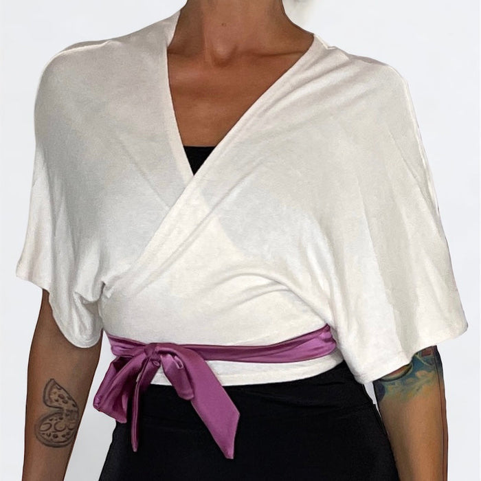 Luxe Cropped Sweater Knit Wrap Top Ballet Warm Up - Peach Ivory