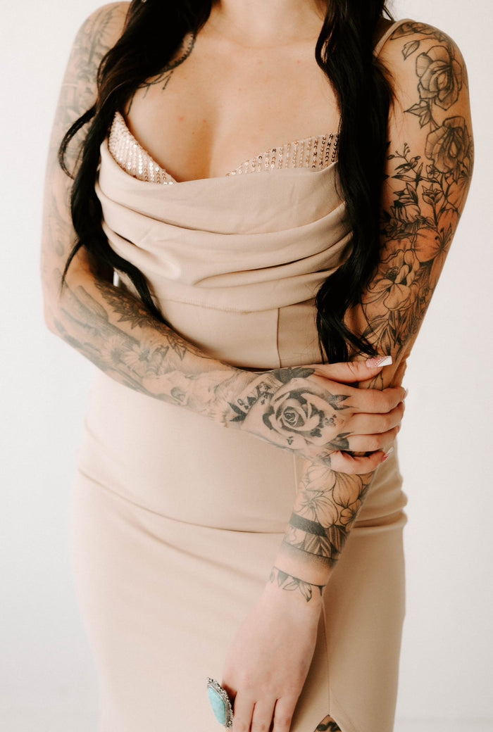 Maddie's Sequin Bust Draped Maxi Dress