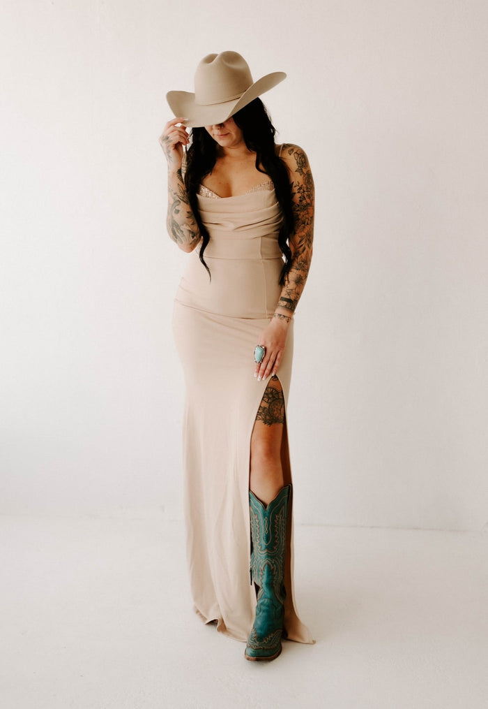 Maddie's Sequin Bust Draped Maxi Dress