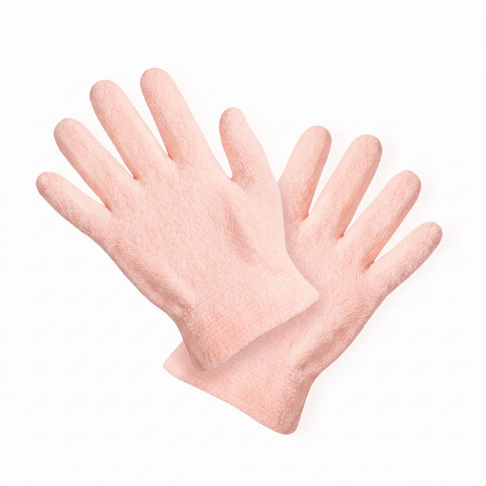 The LONDONTOWN Mani Perfect Spa Gloves, a pair of light pink exfoliating gloves for hand care, are displayed on a white background—perfect for bringing a touch of luxury to your downtime routine.