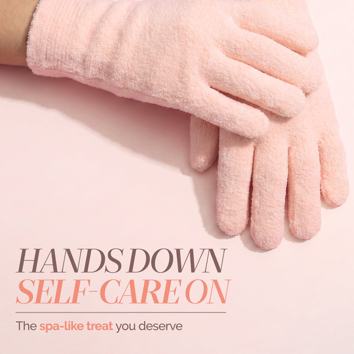A pair of LONDONTOWN Mani Perfect Spa Gloves is displayed on a light pink surface, accompanied by text celebrating self-care, hand care, and spa-like treats—making them perfect for indulging in a little downtime.