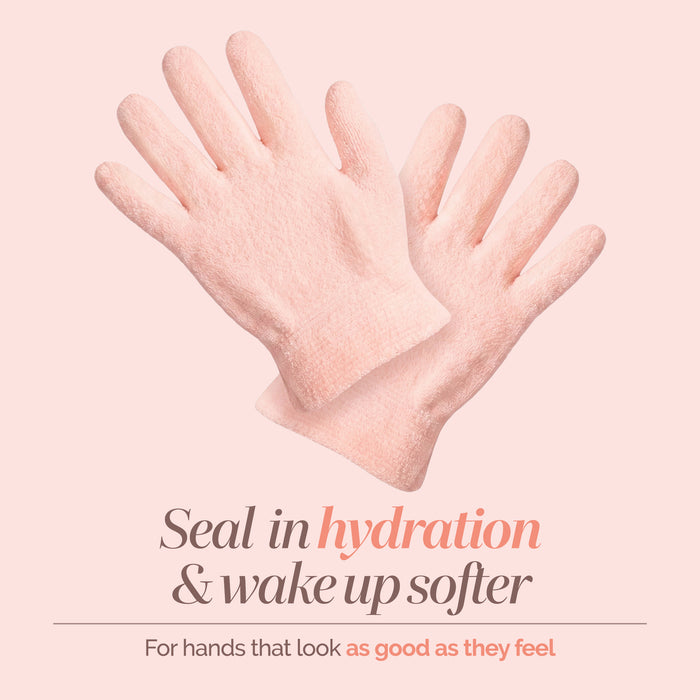 A pair of Mani Perfect Spa Gloves by LONDONTOWN are displayed on a light pink background, with text highlighting their hydrating and softening benefits—ideal for enhancing your hand care routine during downtime.