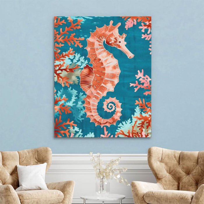 Marine Seahorse - Coral Wall Art in Black Frame